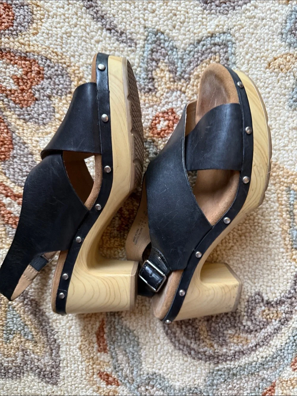 Clarks Black Leather Crossover Sandal with Wood Heel